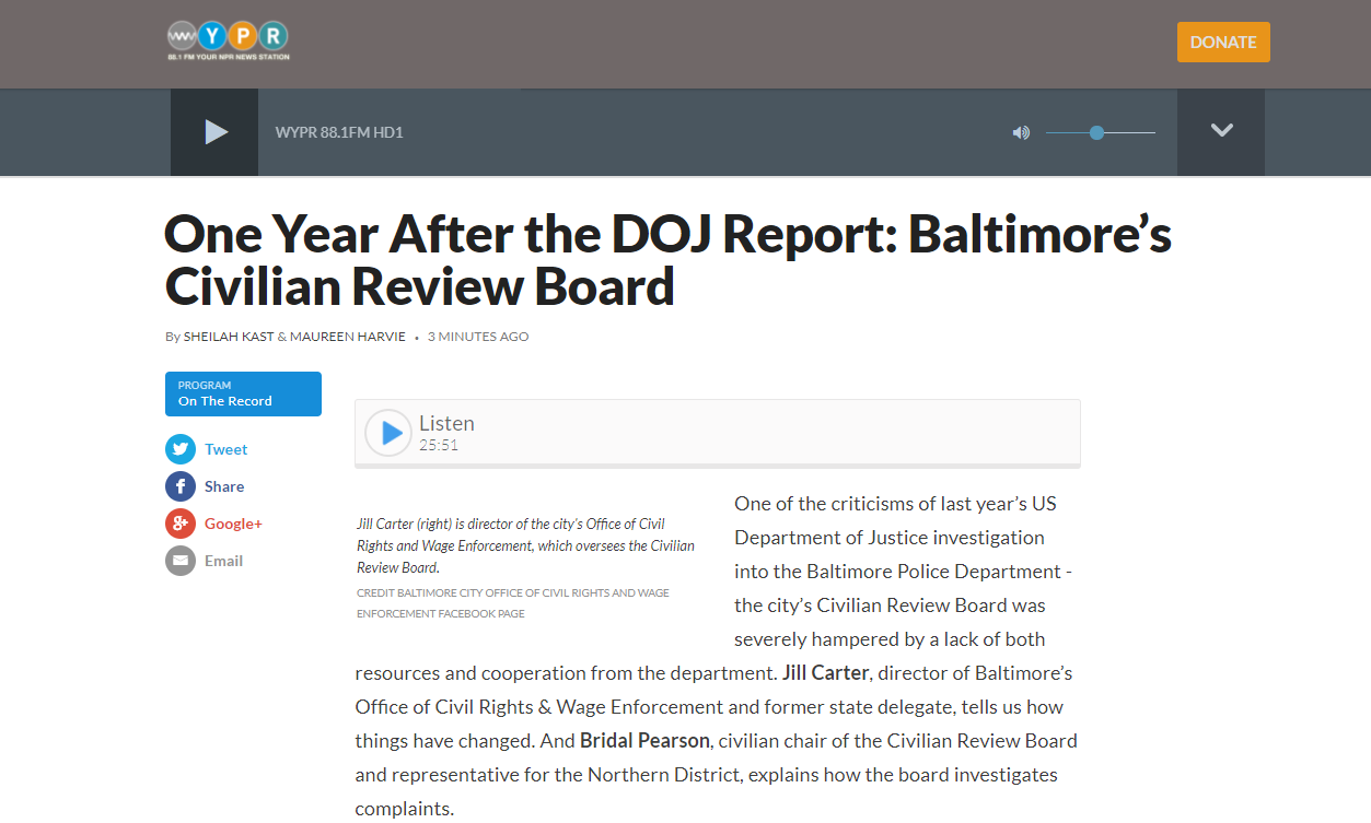 One Year After the DOJ Report: Baltimore's Civilian Review Board