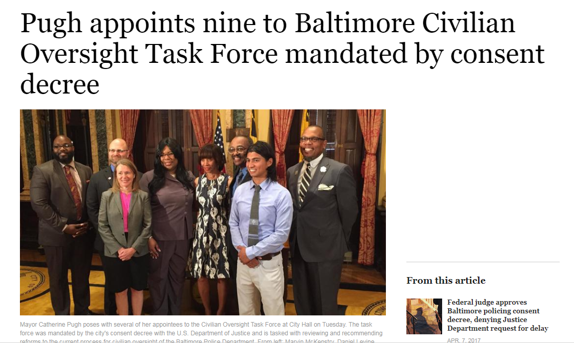 Pugh appoints nine to Baltimore Civilian Oversight Task Force mandated by consent decree